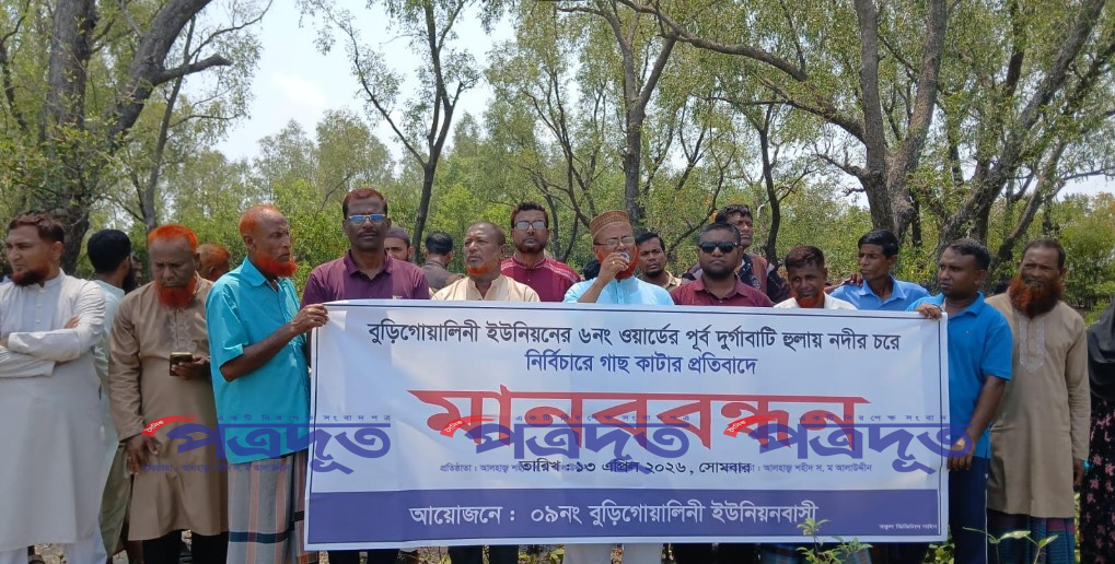 খোলপেটুয়া নদীর চরের গাছ কাটার প্রতিবাদে মানববন্ধন, ব্যবস্থা নিল প্রশাসন