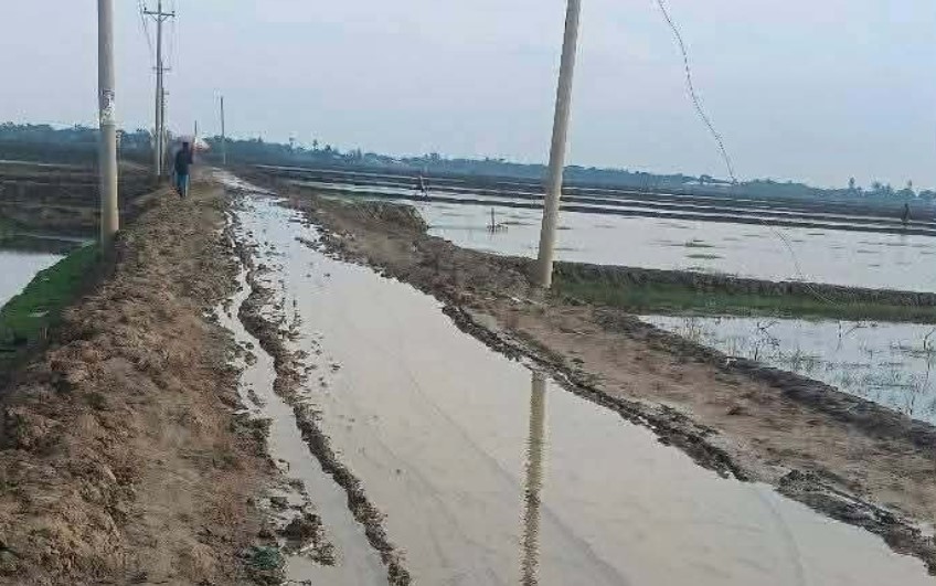 গাবুরায় সড়কের ওপর ঘেরের মাটি: চলাচলের পথ এখন ‘খাল’