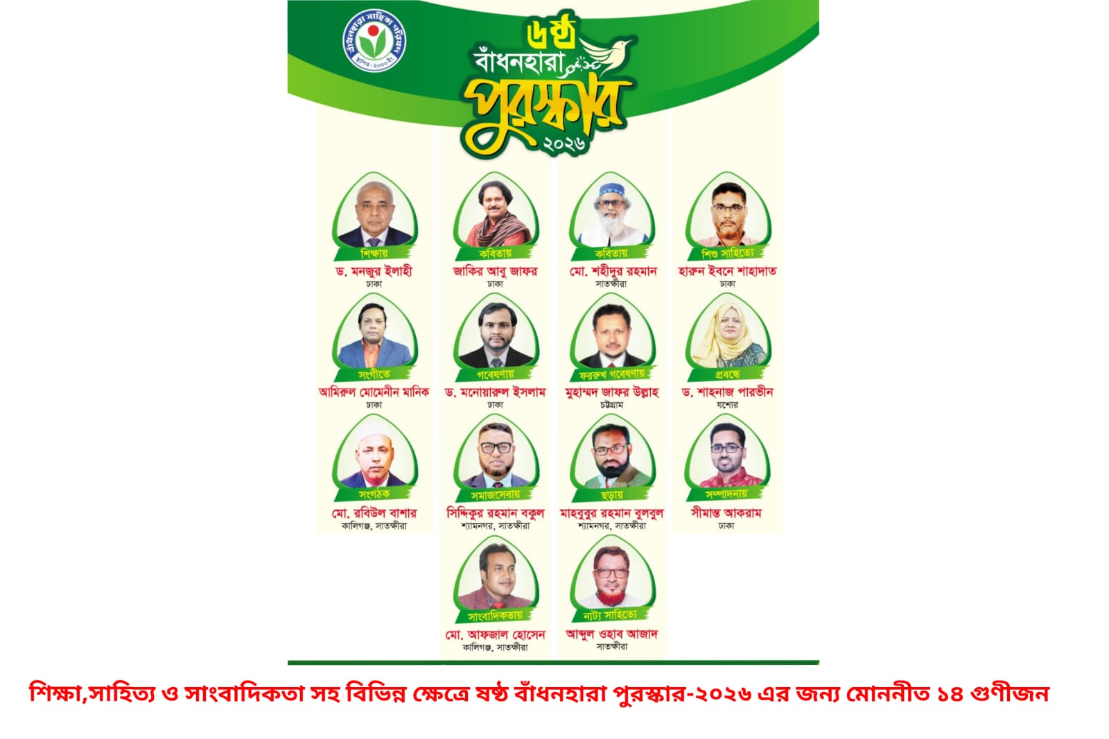 বাঁধনহারা পুরস্কার-২০২৬ ঘোষণা, সম্মাননা পাচ্ছেন ১৪ গুণীজন