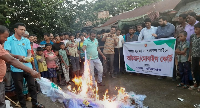 মুন্সীগঞ্জ বাজারে অবৈধ কারেন্ট জাল জব্দ, পুড়িয়ে বিনষ্ট